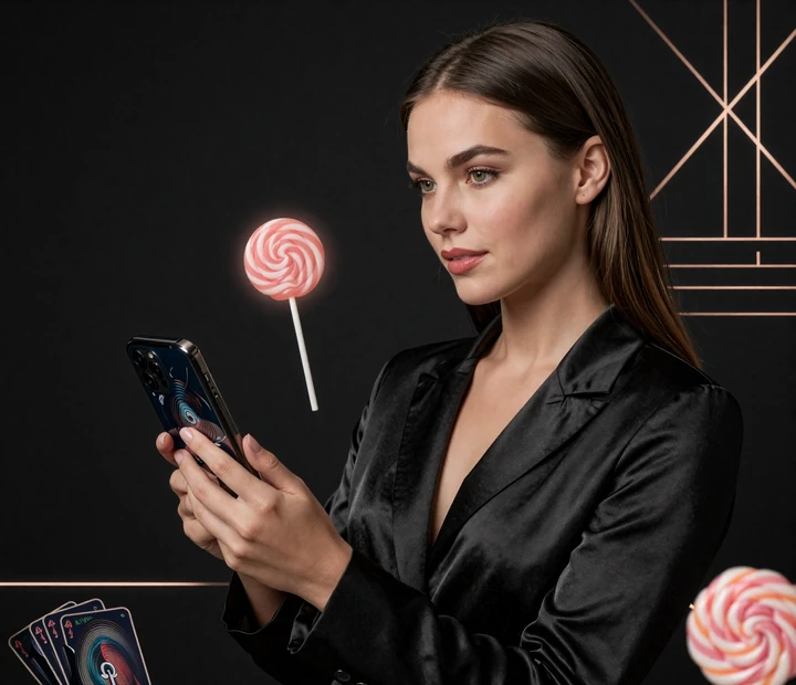 Mobile Iris Casino Ansicht mit Smartphone, elegantem Model und CandyCoins Lollipop Akzent
