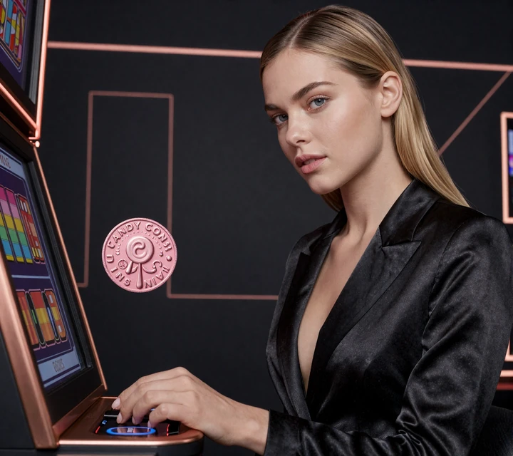 Iris Casino Slots Szene mit Bonus-Buy Interface, CandyCoins Lollipop und dunkler Premium-Optik