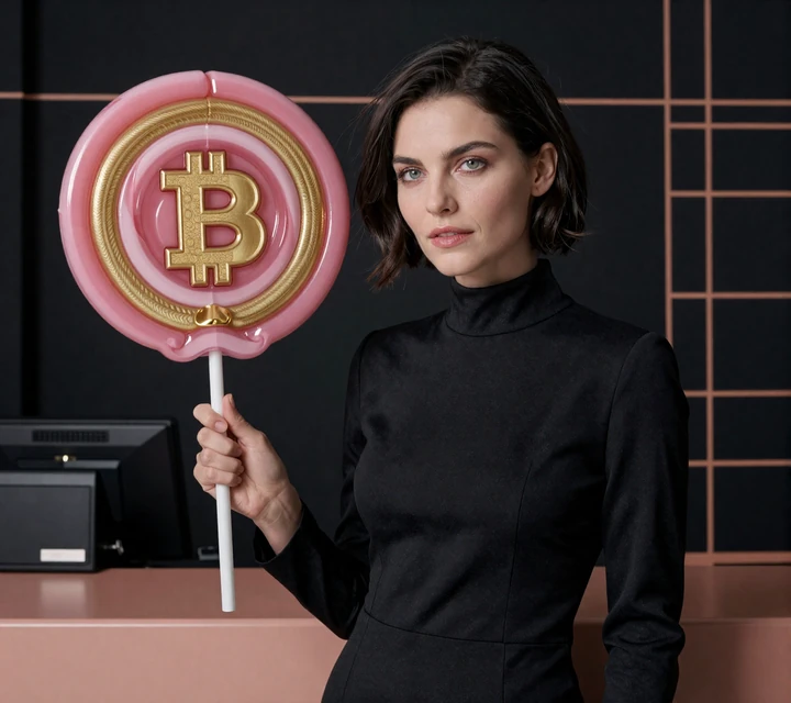 Iris Casino Crypto Zahlung mit CandyCoins Lollipop, dunklem Model und abstrakten BTC USDT Token