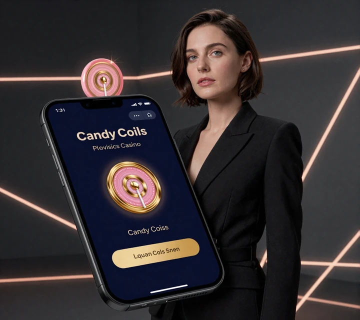 Iris Casino Login auf Smartphone mit dunkler Oberfl&auml;che und pink-goldenem CandyCoins Symbol