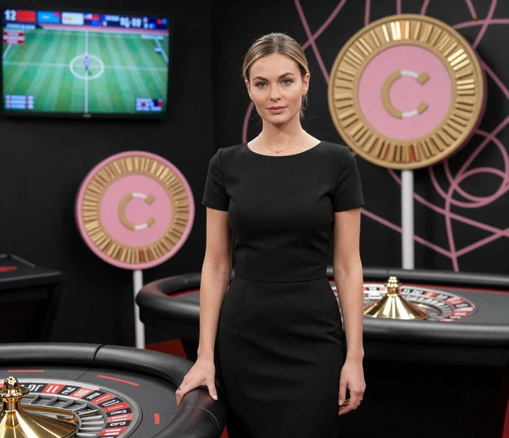 Iris Casino Live Casino und Sportwetten Bereich mit Model, Roulette-Tisch und CandyCoins Akzent